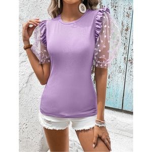 Polka Dot Flounce Sleeve Round Neck Top